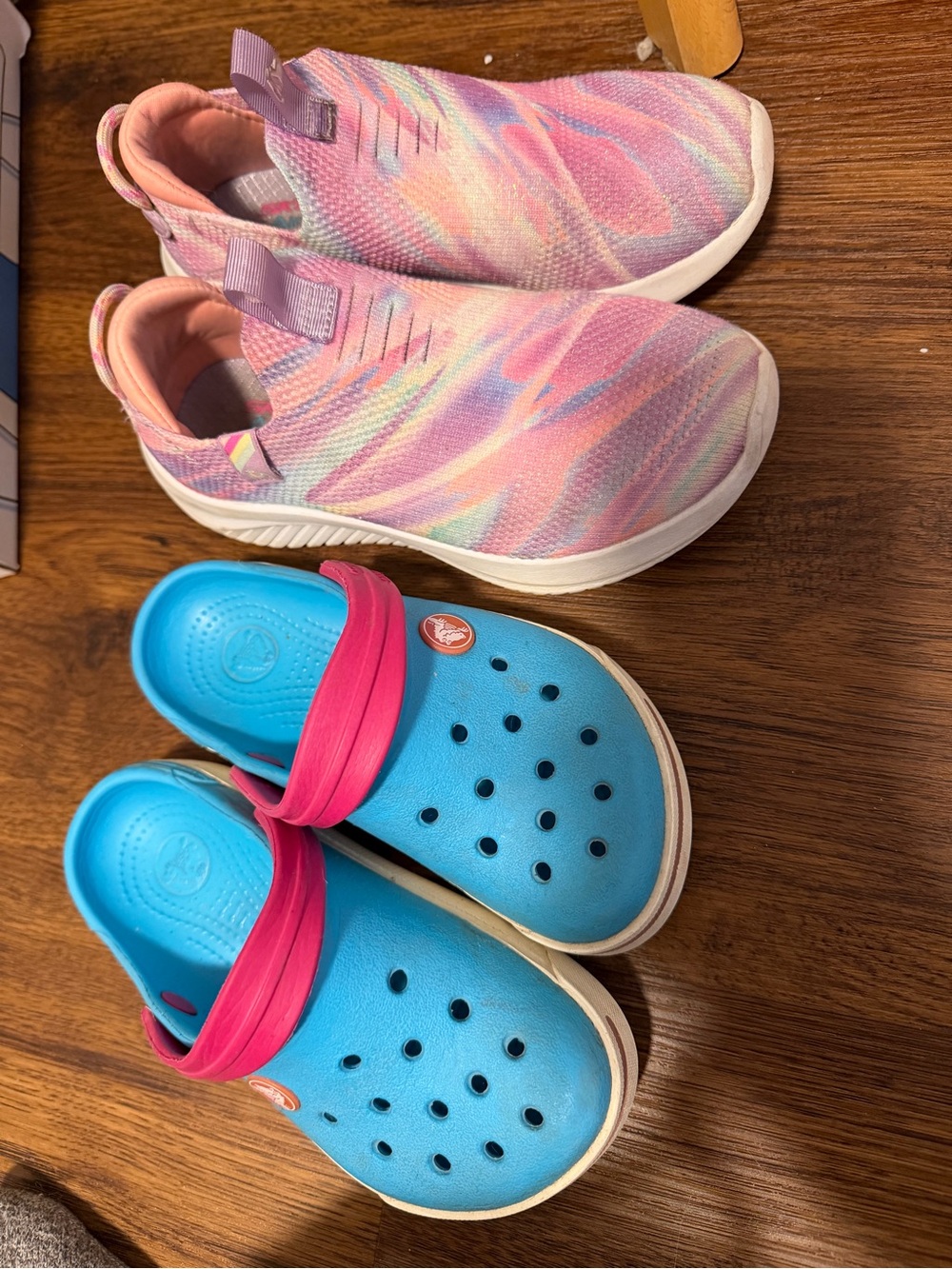 CROCS Kids Blue Clogs with Pink Strap and Multicolor Pastel Slip-On Sneakers